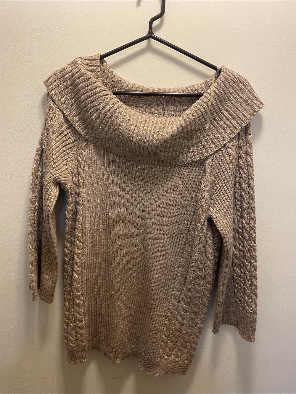 Chico's Taupe Cable-Knit Off-Shoulder Sweater